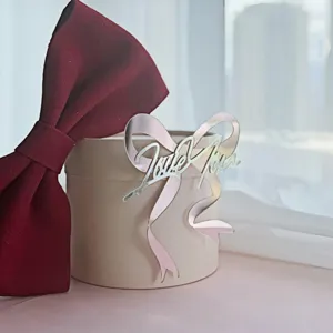Acrylic Love You bow cake topper detail, sparkling Valentine Day dessert decoration ornament.
