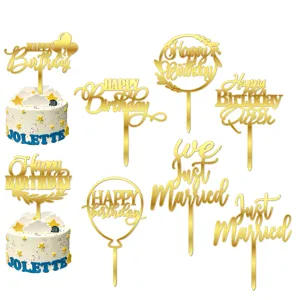Adorno para Tarta Happy Birthday de Acrílico Just Married Letras Oro Plata Decoración de Postres Letreros para Fiestas