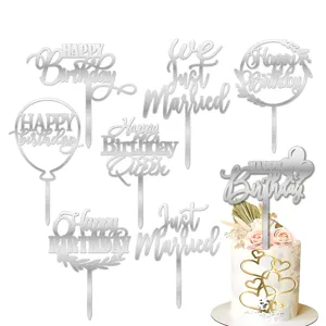 Set de adornos para tarta de Cumpleaños y Boda en acrílico plateado para fiestas.