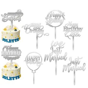 Set de topper para pastel de feliz cumpleanos de acrilico plateado fiesta boda.