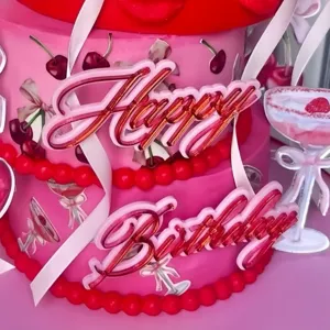 Ακρυλικό σετ topper τούρτας Happy Birthday, ροζ διπλή διακόσμηση πάρτι με κεράσια.