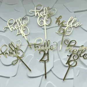 Gold acrylic hello birthday cake topper set with numbers 18 21 30 40 50 60 for party decor