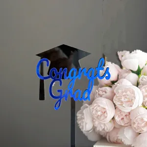 Graduation cake topper acrylic black blue Congrats Grad party decor fine detail view