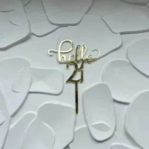 Gold acrylic Hello 21 cake topper detail view, perfect for birthday party decorations.