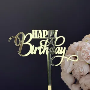 Adorno para tarta de cumpleaños en acrílico dorado para fiesta, decoración de postres brillante.