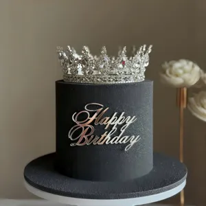 Décoration de gâteau Happy Birthday en acrylique et couronne argentée pour fête d'anniversaire