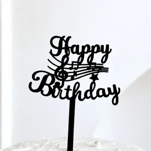 Topper de pastel feliz cumpleanos musica de acrilico negro, vista de detalle notas.