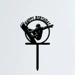 Adorno de pastel de cumpleaños de acrílico negro snowboard para fiesta temática deportiva.
