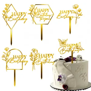 Χρυσό Ακρυλικό Happy Birthday Διακόσμηση Τούρτας Ins Style Φλοράλ Σχέδιο Πεταλούδας Εφέ Καθρέφτη για Πάρτι Γενεθλίων
