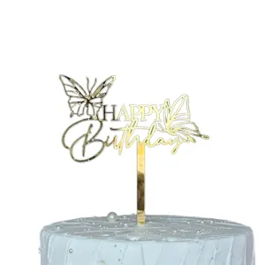 Χρυσό ακρυλικό topper τούρτας Happy Birthday με όμορφο σχέδιο πεταλούδας για πάρτι.