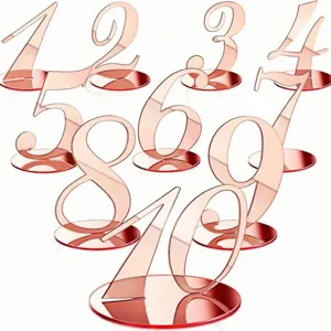 Vista detallada de números de mesa acrílicos de oro rosa, 1 al 10 para decoración de bodas.