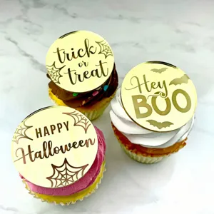 Halloween Cupcake Toppers Acrylic Round Disc Happy Halloween Trick Or Treat Boo Party Cake Decoration Props Supplies