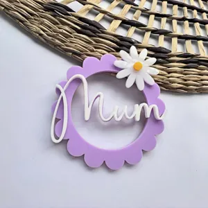 Acrylic Mum Cake Topper with Daisy Flower Purple Double Layer Mother's Day Baking Decoration