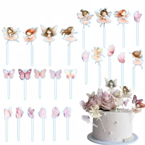 Décorations de Gâteau Fée Papillon en Acrylique Transparent Imprimé UV Style Aquarelle pour Fête d'Anniversaire de Fille