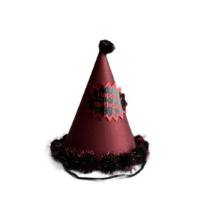 Glitzernder Geburtstagshut mit Bommelrand, dunkelrote Partyhut fuer Kinder und Erwachsene.