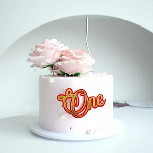 Acrylic One cake topper with pink roses and candle for baby first birthday party decoration
