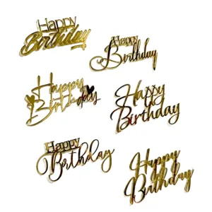 Gouden acryl gelukkige verjaardag taarttoppers set, verschillende cursieve lettertypen feest.