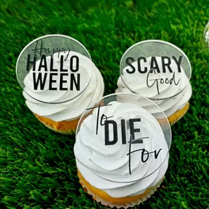 Halloween cupcake toppers set, clear acrylic round disk with spooky text, party decor details.