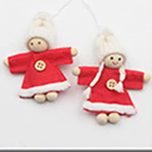 Cute Christmas hanging doll ornaments with wooden beads and red fabric clothes for holiday decor.