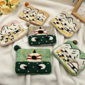 Cute handmade wool felt coin purse with cute sheep pattern, soft card holder pouch.