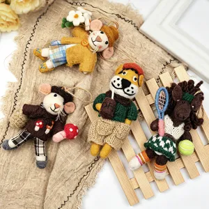 Handmade wool felt animal keychain pendant, cute cartoon doll bag charm for daily decor.