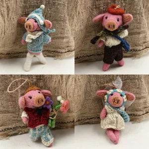 Handmade wool felt pig keychain cute knitted animal pendant bag accessory craft gift style.