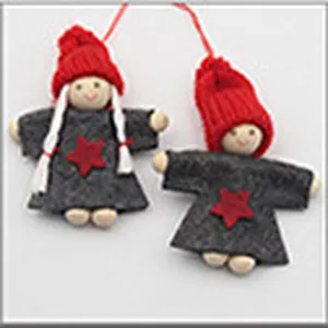 Christmas decorative doll pendant with red knit hat and grey felt clothes for holiday decor.