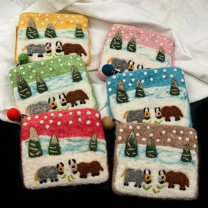 Handmade wool felt coin purse cute cartoon animal winter landscape zipper card holder bag