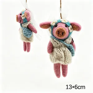 Handmade wool felt pig hanging ornament cute knitted vest animal doll bag charm decor