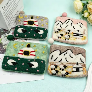 Handmade wool felt coin purse cute cartoon sheep coin pouch creative storage card bag detail view.