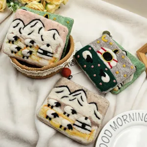 Handmade wool felt coin purse with cute sheep embroidery, mini card holder zipper pouch.