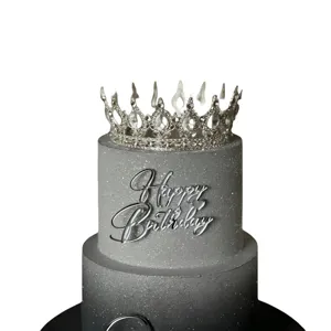 Topper per torta in acrilico Happy Birthday e corona argentata per decorazione festa.