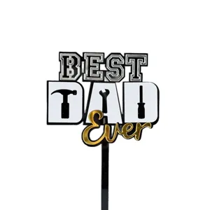 Acrylic Best Dad Ever cake topper with tool icons for Father's Day party celebration decor