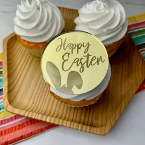 Décoration de cupcake Joyeuses Pâques en acrylique doré avec oreilles de lapin.