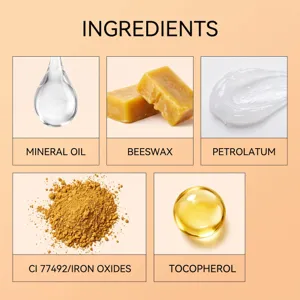 Aperçu détaillé des ingrédients clés de la formule cosmétique pour un maquillage des lèvres.