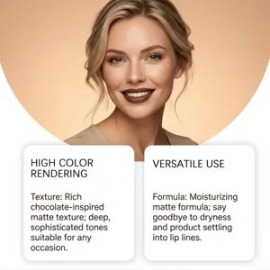 Rouge à lèvres mat couleur chocolat riche, formule hydratante longue durée pour maquillage.