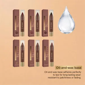 Ensemble de brillant à lèvres mat chocolaté avec six teintes polyvalentes pour maquillage.