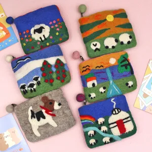 Handmade Wool Felt Coin Purse Cartoon Grassland Sheep Animal Pattern Zip Pouch Cute Portable Card Holder Storage Bag For Women