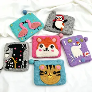 Handmade wool felt coin purse cute cartoon animal storage bag portable card holder for women