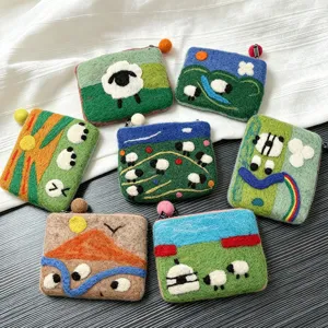 Handmade wool felt coin purse featuring cute sheep and landscape cartoon designs for daily use.