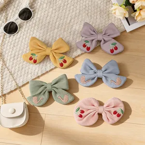 Sweet Cotton Linen Bowknot Hair Clip With Cherry And Swan Embroidery Sweet Girl Cute Hair Accessories Hairpin