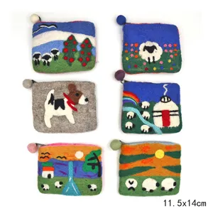 Handmade wool felt coin purse with cute sheep and landscape design, small storage pouch for card.