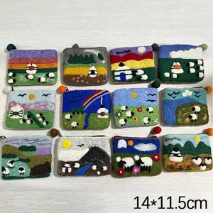 Handmade wool felt coin purse with cute sheep and landscape patterns, portable card storage bag.