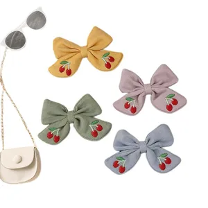 Cute cotton linen cherry embroidered bow hair clips set, colorful fabric hairpin daily hair accessories.