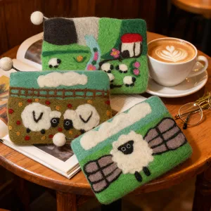 Handmade wool felt cute sheep coin purse, cartoon grassland phone bag and storage pouch.