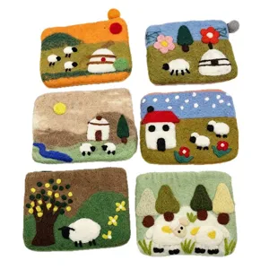 Handmade wool felt coin purse cute cartoon pasture sheep landscape card bag storage pouch main