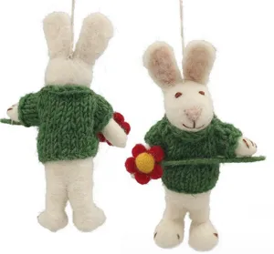 Handmade wool felt rabbit bag pendant, green sweater holding flower, cute hanging doll ornament