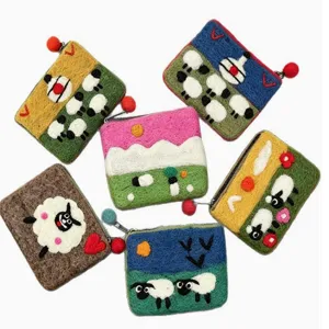 Handmade wool felt coin purse cute sheep landscape card holder zipper pouch for daily storage use