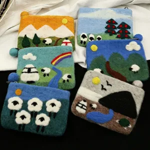 Handmade wool felt coin purse cute sheep landscape storage pouch card holder bag organizer