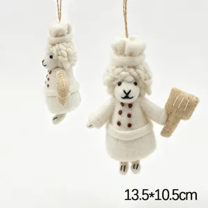 Detailed view of handmade wool felt chef sheep pendant, cute hanging ornament for creative gifts.